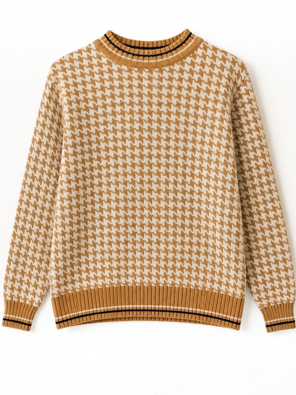 Vintage 90s LizSport Houndstooth Cotton Sweater Camel Cream S